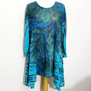 Calstyle  Blue and Green Lightweight Peacock Feather Pattern Sharkbite Tunic 2X